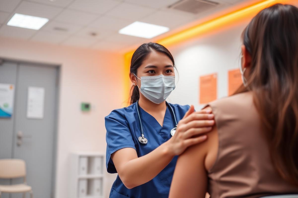 Nurse reassuring a patient at a SureVax vaccination clinic