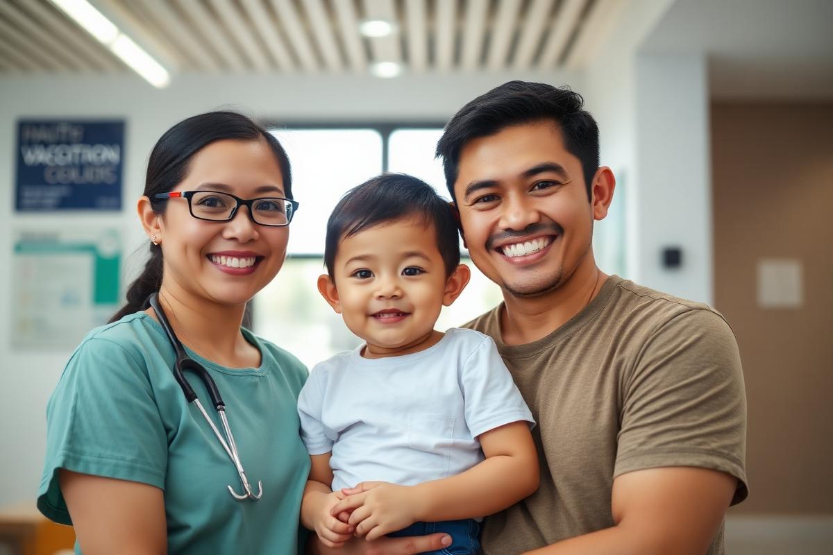 Filipino family smiling with a friendly clinician at a SureVax clinic