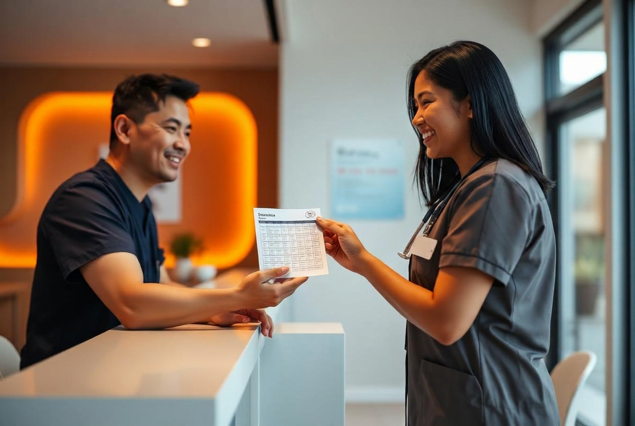 Nurse greeting a patient at a bright modern SureVax clinic reception